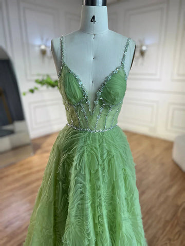 Robe de bal élégante vert sauge 2025, dos nu, bretelles spaghetti, coupe trapèze, pour femme | Mariage LA72636 