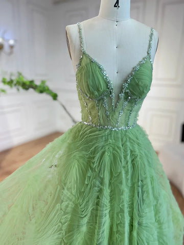 Robe de bal élégante vert sauge 2025, dos nu, bretelles spaghetti, coupe trapèze, pour femme | Mariage LA72636 