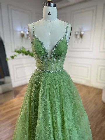 Robe de bal élégante vert sauge 2025, dos nu, bretelles spaghetti, coupe trapèze, pour femme | Mariage LA72636 