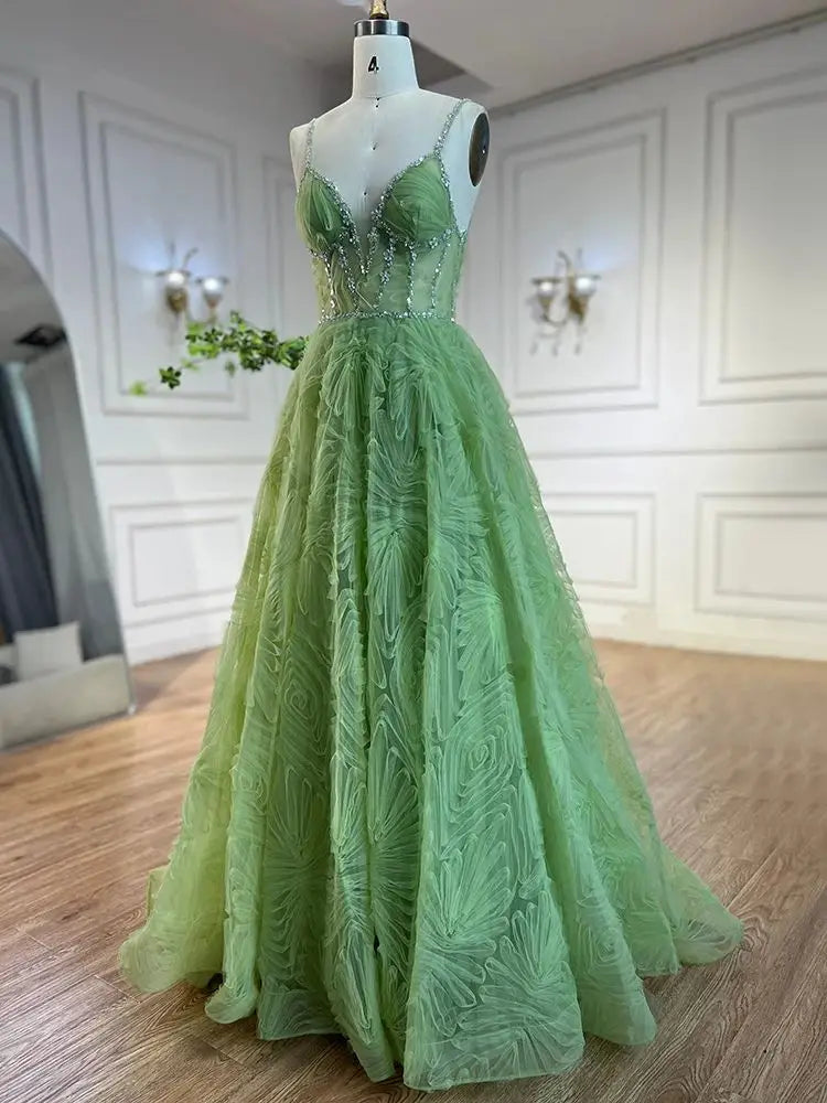 Vestido de fiesta elegante de corte A, con tirantes finos, espalda descubierta y color verde salvia árabe (modelo LA72636) para mujer | Ideal para bodas y fiestas 