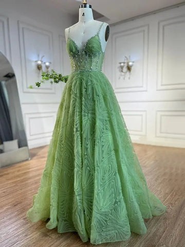Robe de bal élégante vert sauge 2025, dos nu, bretelles spaghetti, coupe trapèze, pour femme | Mariage LA72636 