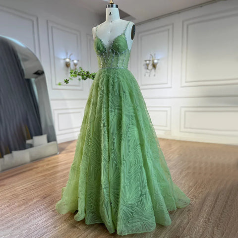 Robe de bal élégante vert sauge 2025, dos nu, bretelles spaghetti, coupe trapèze, pour femme | Mariage LA72636 