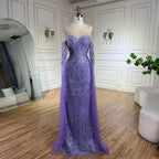 Vestido de noche de lujo estilo sirena, con mangas capa y detalles de cuentas, color lila árabe, modelo LA72616 (2025) 