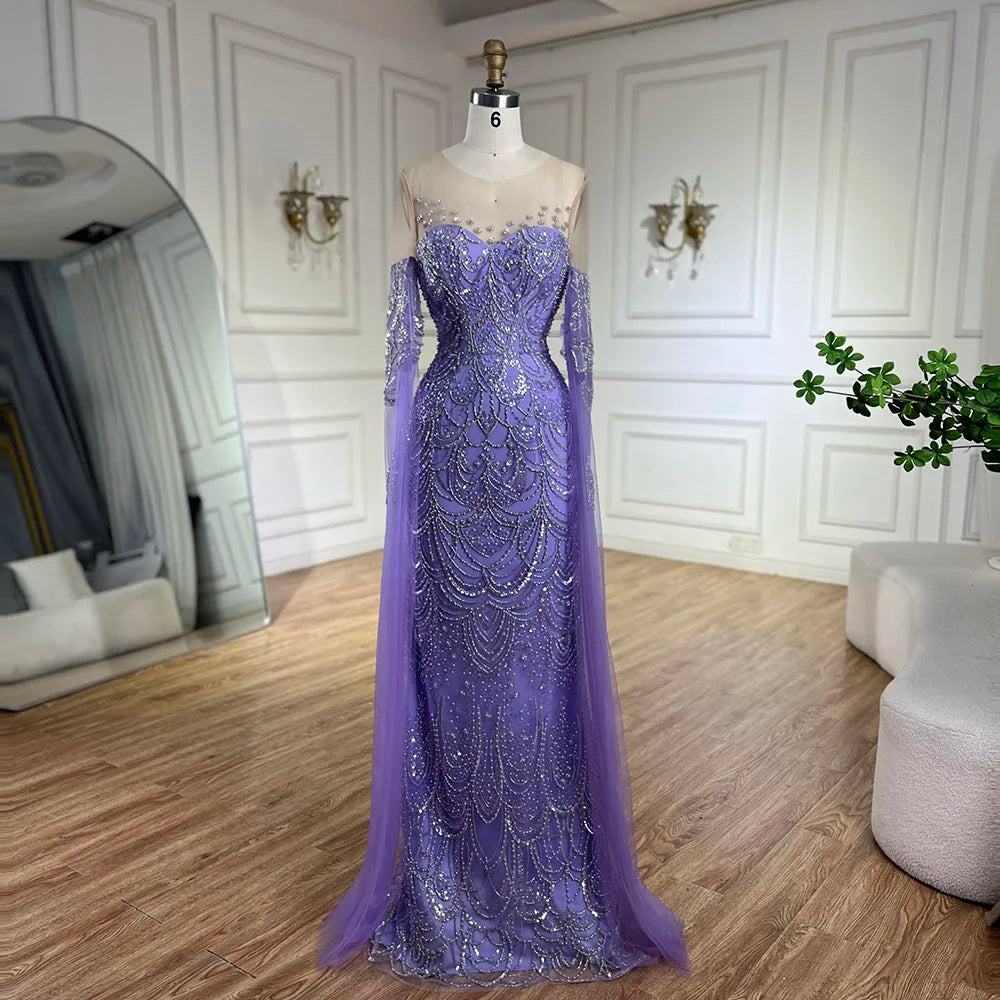Vestido de noche de lujo estilo sirena, con mangas capa y detalles de cuentas, color lila árabe, modelo LA72616 (2025) 