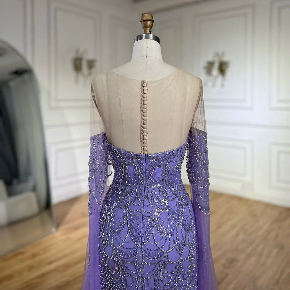 Vestido de noche de lujo estilo sirena, con mangas capa y detalles de cuentas, color lila árabe, modelo LA72616 (2025) 