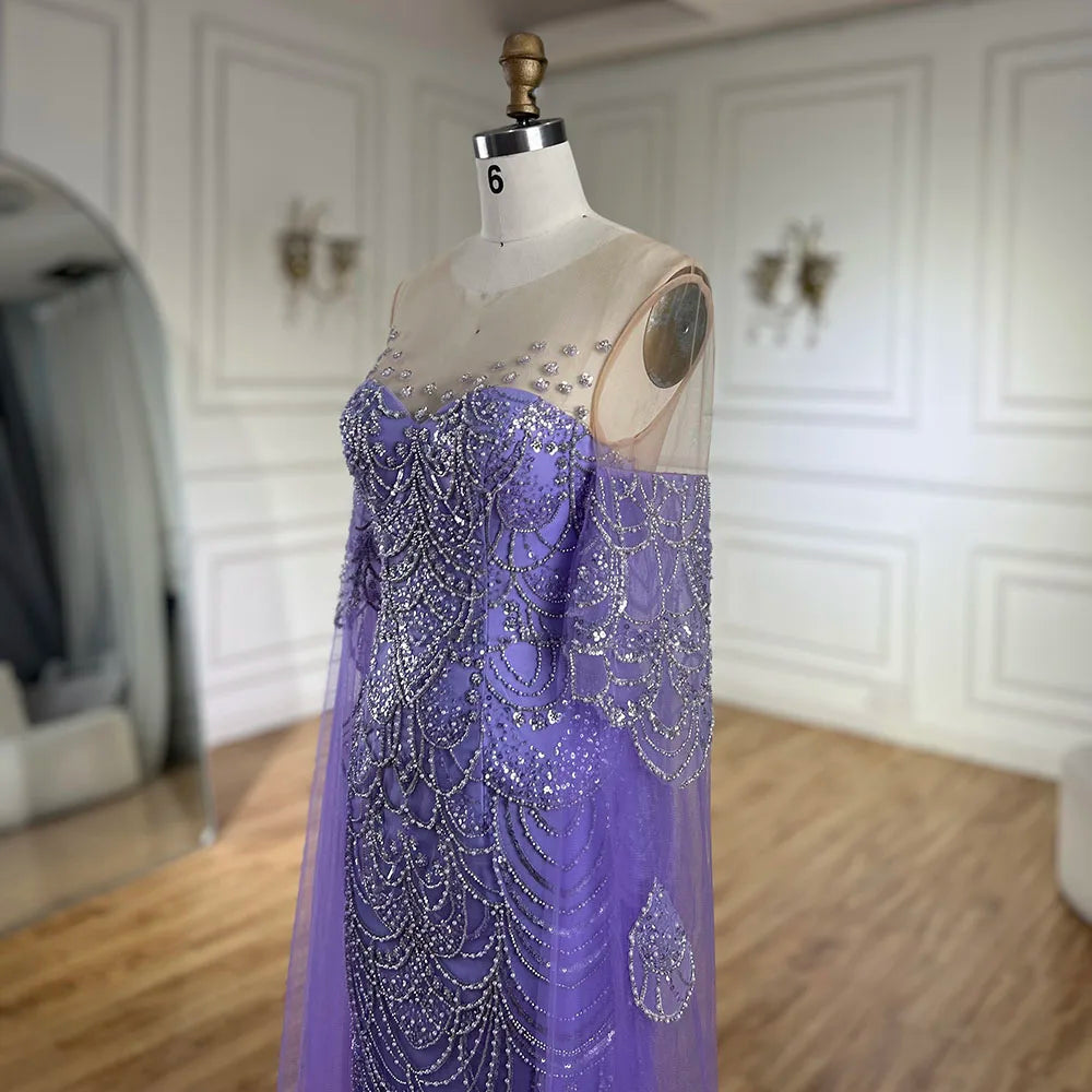 Vestido de noche de lujo estilo sirena, con mangas capa y detalles de cuentas, color lila árabe, modelo LA72616 (2025) 