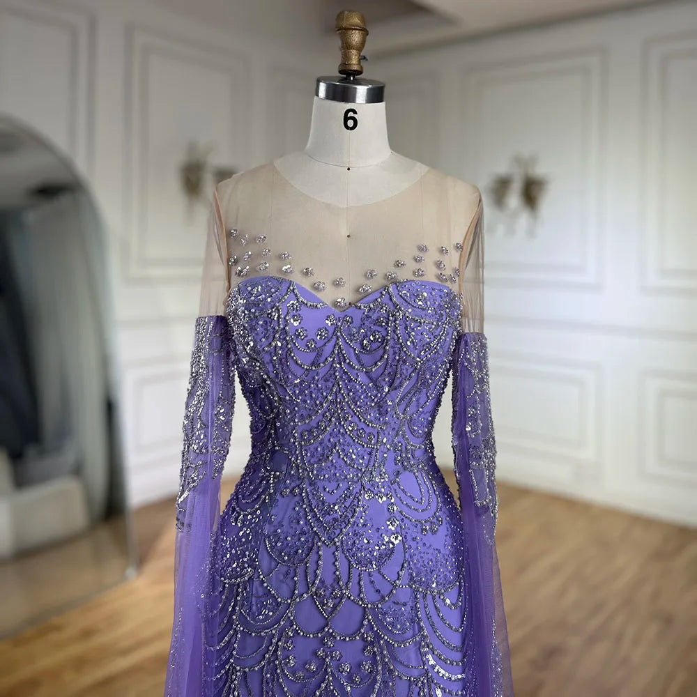 Vestido de noche de lujo estilo sirena, con mangas capa y detalles de cuentas, color lila árabe, modelo LA72616 (2025) 