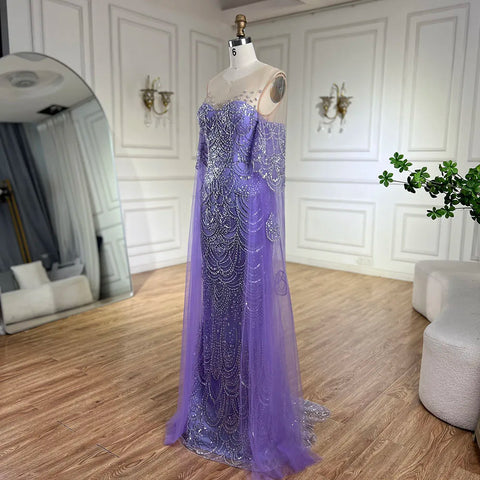 Robe de soirée sirène de luxe à manches cape style arabe lilas 2025, robe perlée pour femmes, LA72616 