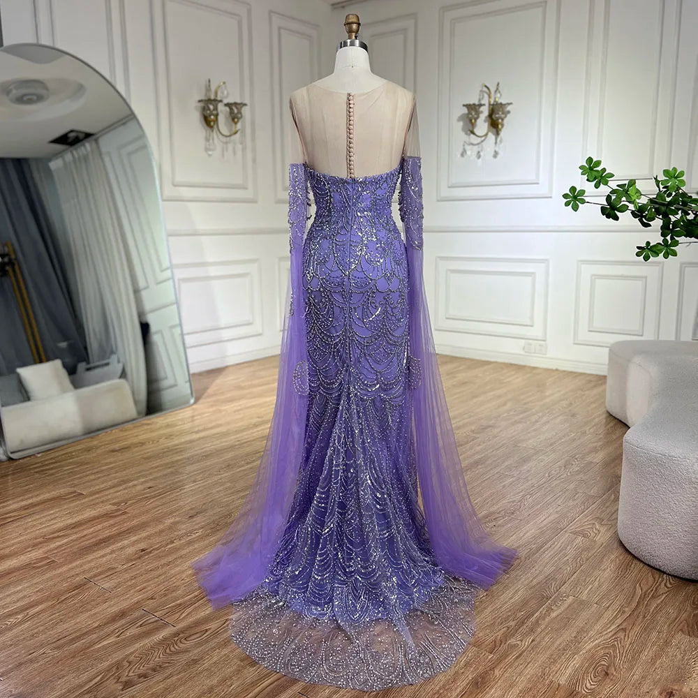 Vestido de noche de lujo estilo sirena, con mangas capa y detalles de cuentas, color lila árabe, modelo LA72616 (2025) 