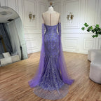 Vestido de noche de lujo estilo sirena, con mangas capa y detalles de cuentas, color lila árabe, modelo LA72616 (2025) 