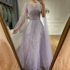 Vestido largo de noche elegante de corte A con cuentas, estilo lila árabe, con mangas tipo capa, ideal para ocasiones formales (LA72744) 