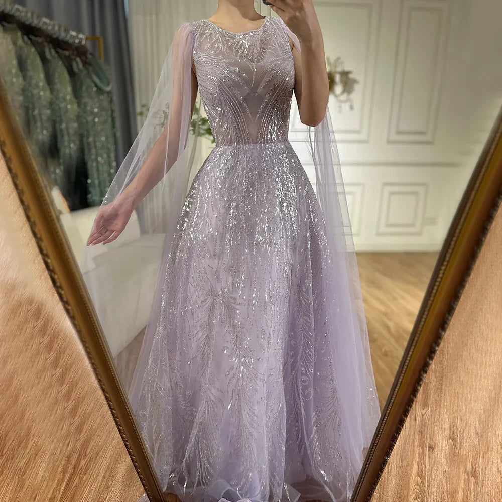 Vestido largo de noche elegante de corte A con cuentas, estilo lila árabe, con mangas tipo capa, ideal para ocasiones formales (LA72744) 