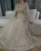 Vestido largo de noche elegante de corte A con cuentas, estilo lila árabe, con mangas tipo capa, ideal para ocasiones formales (LA72744) 