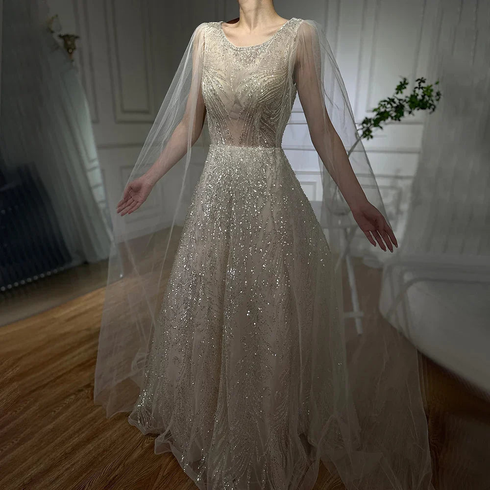 Vestido largo de noche elegante de corte A con cuentas, estilo lila árabe, con mangas tipo capa, ideal para ocasiones formales (LA72744) 