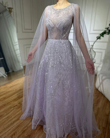 Robe de soirée longue élégante style arabe lilas, coupe trapèze, avec manches cape et perles, pour une occasion formelle, LA72744, 2025 