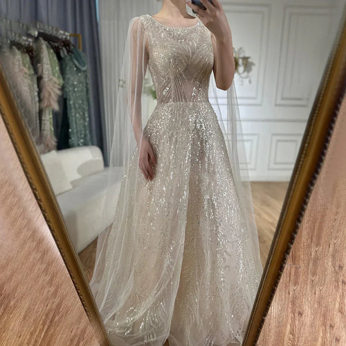 Vestido largo de noche elegante de corte A con cuentas, estilo lila árabe, con mangas tipo capa, ideal para ocasiones formales (LA72744) 