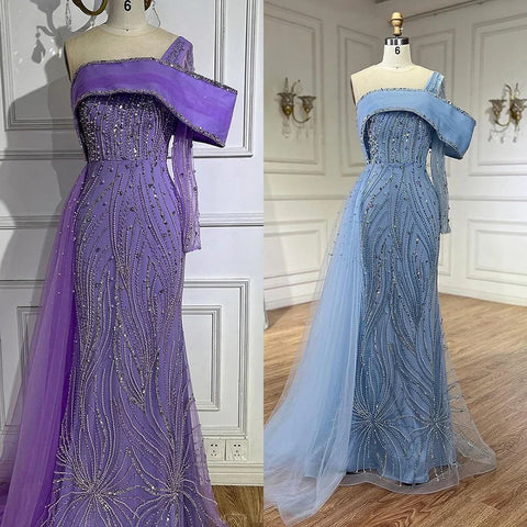 Robe de soirée lilas style arabe 2025, traîne latérale, perles, asymétrique, pour femme, robe de soirée de mariage formelle, LA72332 