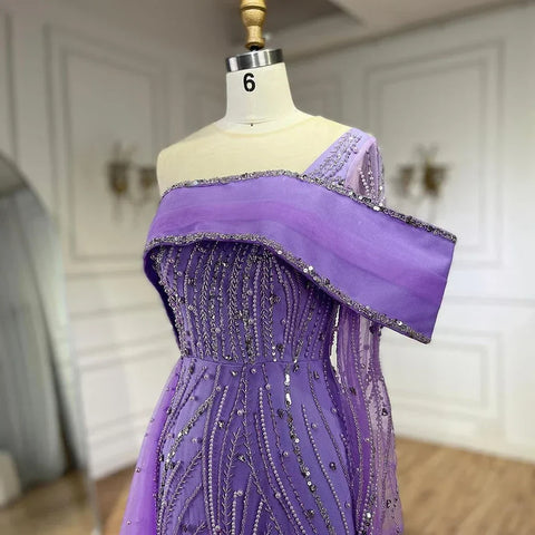 Robe de soirée lilas style arabe 2025, traîne latérale, perles, asymétrique, pour femme, robe de soirée de mariage formelle, LA72332 