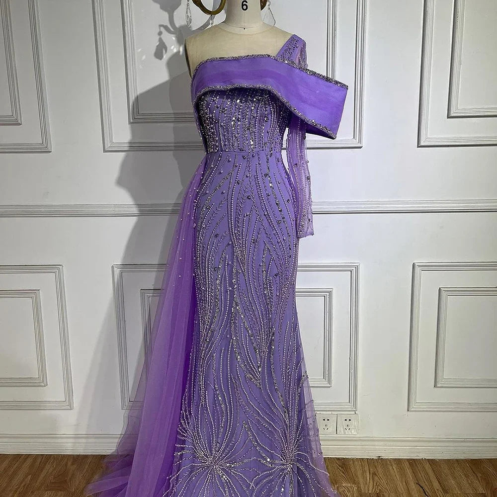 Vestido de noche árabe lila 2025 con cola lateral, perlas y un solo hombro para mujer, ideal para bodas y fiestas formales (LA72332) 