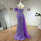 Vestido de noche árabe lila 2025 con cola lateral, perlas y un solo hombro para mujer, ideal para bodas y fiestas formales (LA72332) 