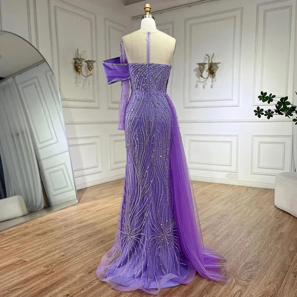 Vestido de noche árabe lila 2025 con cola lateral, perlas y un solo hombro para mujer, ideal para bodas y fiestas formales (LA72332) 