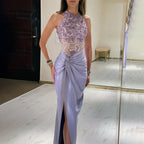 Vestido de noche de lujo estilo sirena, corte halter, escote lila árabe, abertura lateral, con cuentas, ideal para fiestas femeninas (LA72668) 