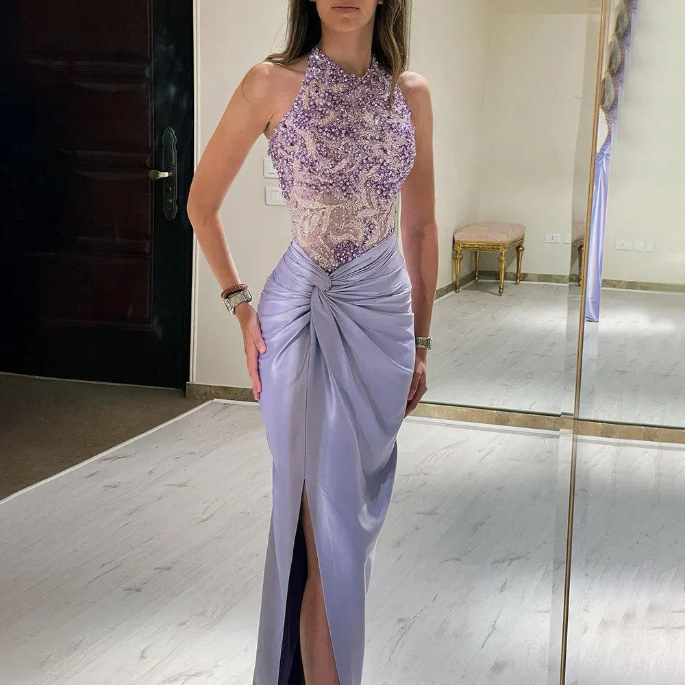 Vestido de noche de lujo estilo sirena, corte halter, escote lila árabe, abertura lateral, con cuentas, ideal para fiestas femeninas (LA72668) 
