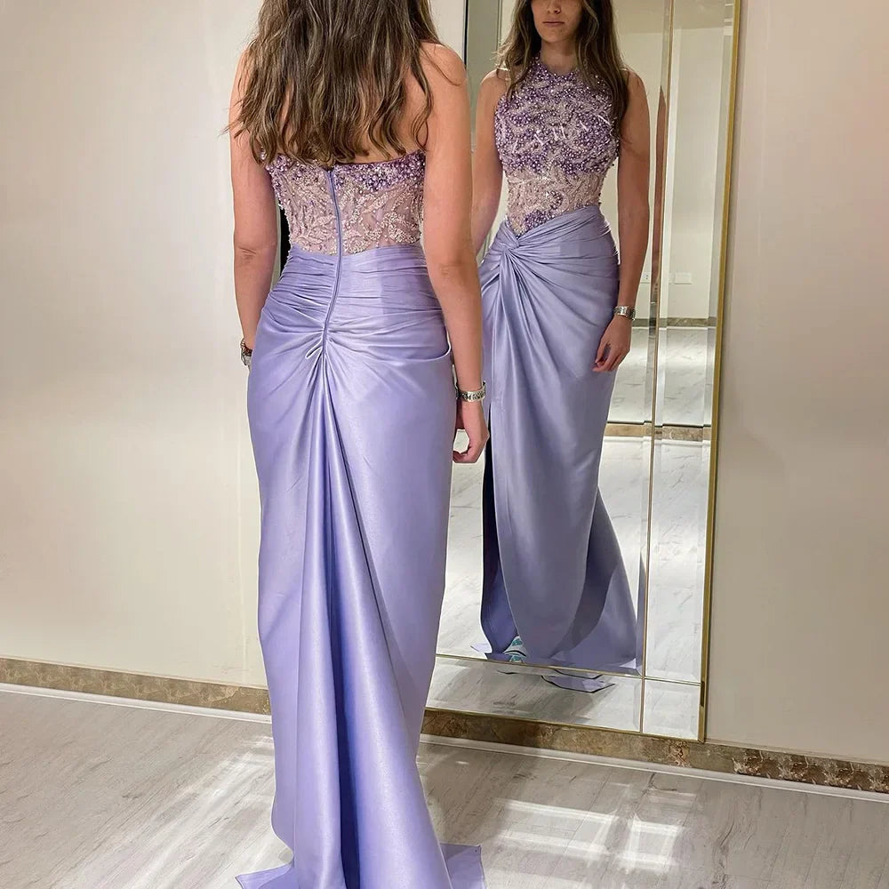 Vestido de noche de lujo estilo sirena, corte halter, escote lila árabe, abertura lateral, con cuentas, ideal para fiestas femeninas (LA72668) 