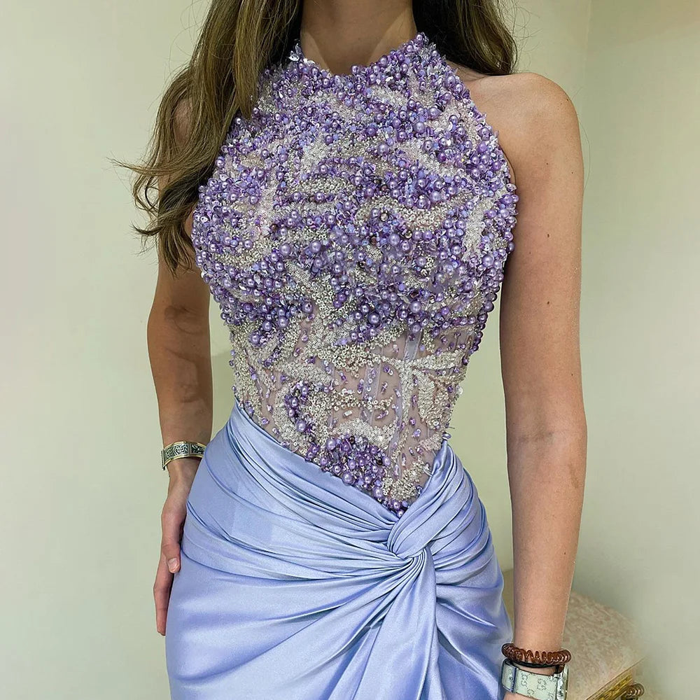 Vestido de noche de lujo estilo sirena, corte halter, escote lila árabe, abertura lateral, con cuentas, ideal para fiestas femeninas (LA72668) 