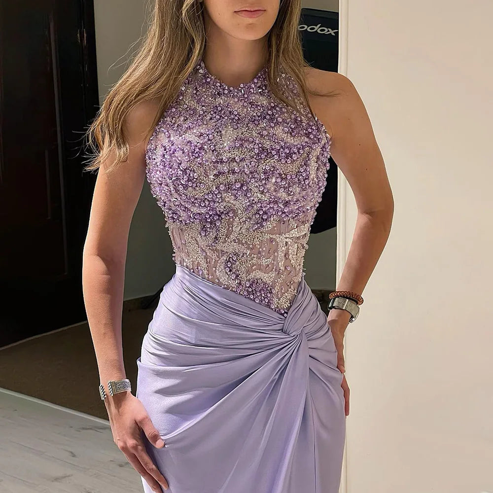 Vestido de noche de lujo estilo sirena, corte halter, escote lila árabe, abertura lateral, con cuentas, ideal para fiestas femeninas (LA72668) 
