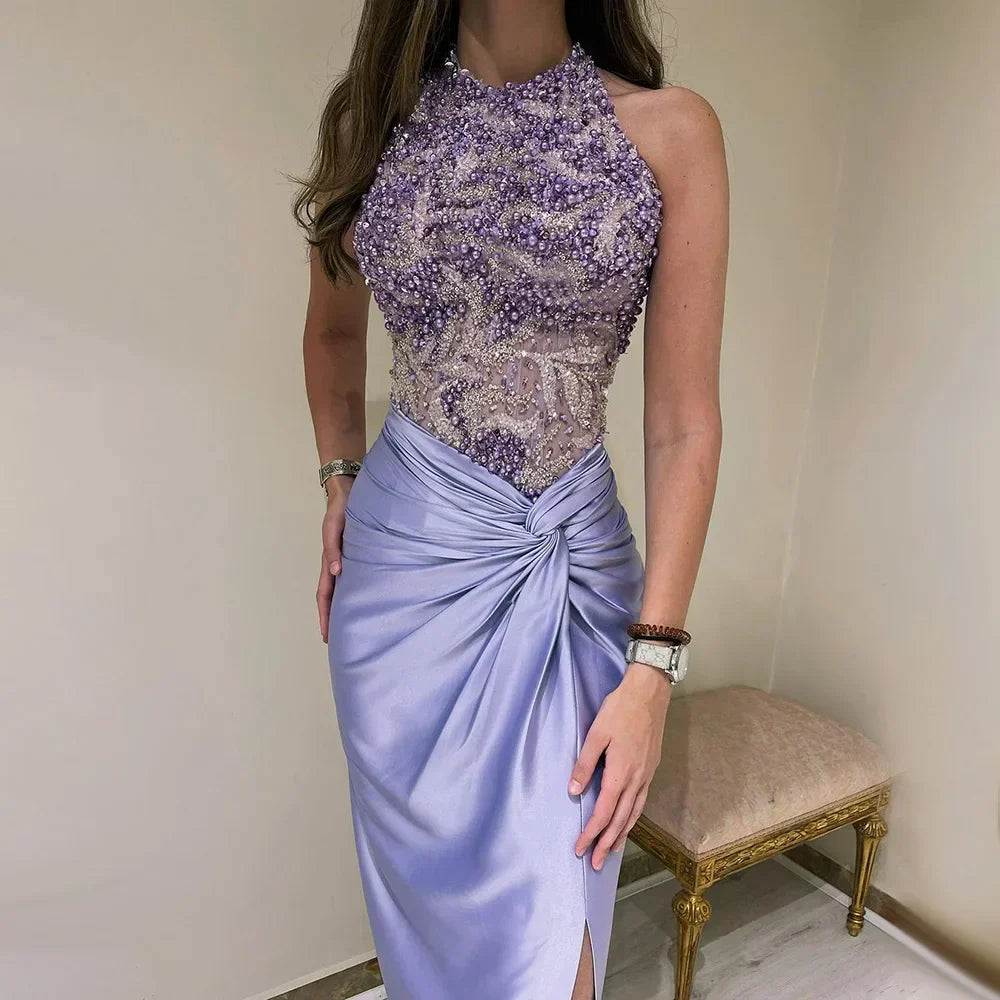 Vestido de noche de lujo estilo sirena, corte halter, escote lila árabe, abertura lateral, con cuentas, ideal para fiestas femeninas (LA72668) 