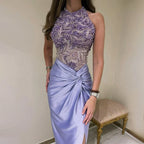 Vestido de noche de lujo estilo sirena, corte halter, escote lila árabe, abertura lateral, con cuentas, ideal para fiestas femeninas (LA72668) 