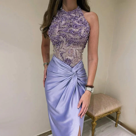 Robe de soirée sirène de luxe à perles, style arabe lilas, col licou, fendue sur le côté, style Dubaï, LA72668 