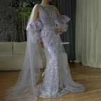 Vestido largo de noche con mangas abullonadas, estilo sirena, color lila árabe, con lentejuelas y cuentas, ideal para ocasiones formales (LA72745) 