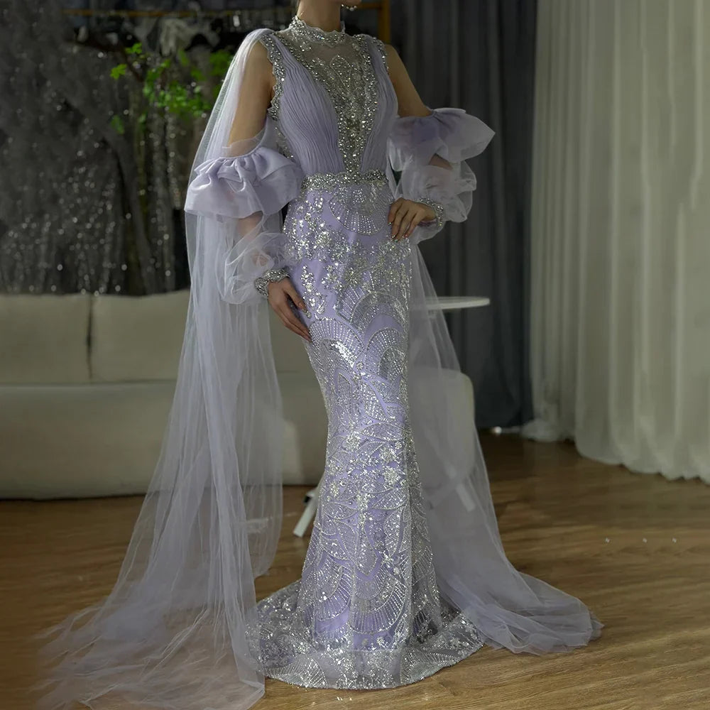 Vestido largo de noche con mangas abullonadas, estilo sirena, color lila árabe, con lentejuelas y cuentas, ideal para ocasiones formales (LA72745) 
