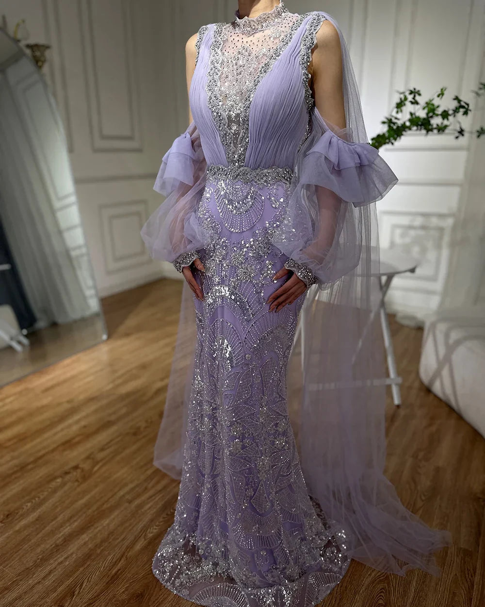Vestido largo de noche con mangas abullonadas, estilo sirena, color lila árabe, con lentejuelas y cuentas, ideal para ocasiones formales (LA72745) 