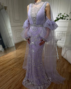 Vestido largo de noche con mangas abullonadas, estilo sirena, color lila árabe, con lentejuelas y cuentas, ideal para ocasiones formales (LA72745) 