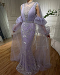 Vestido largo de noche con mangas abullonadas, estilo sirena, color lila árabe, con lentejuelas y cuentas, ideal para ocasiones formales (LA72745) 