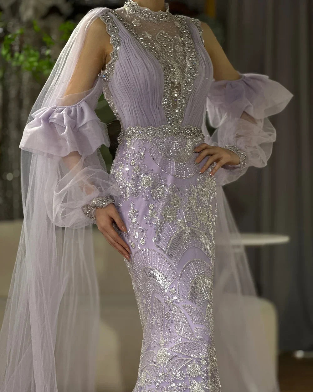 Vestido largo de noche con mangas abullonadas, estilo sirena, color lila árabe, con lentejuelas y cuentas, ideal para ocasiones formales (LA72745) 