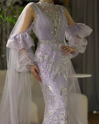 Robe de soirée longue style sirène lilas, manches bouffantes, perles scintillantes, style arabe, pour occasions formelles, LA72745, 2025 