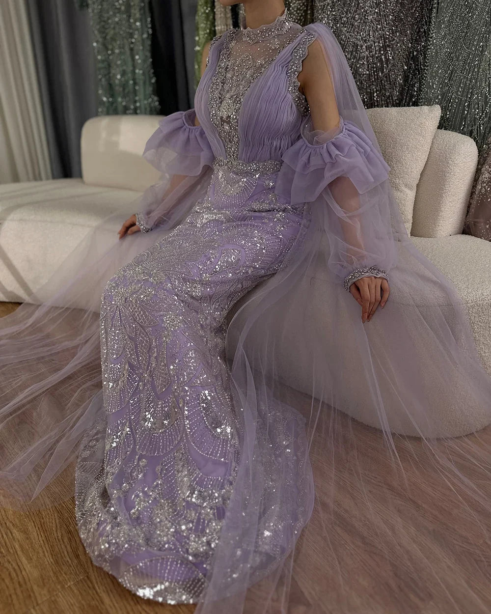 Vestido largo de noche con mangas abullonadas, estilo sirena, color lila árabe, con lentejuelas y cuentas, ideal para ocasiones formales (LA72745) 