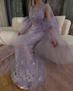 Vestido largo de noche con mangas abullonadas, estilo sirena, color lila árabe, con lentejuelas y cuentas, ideal para ocasiones formales (LA72745) 