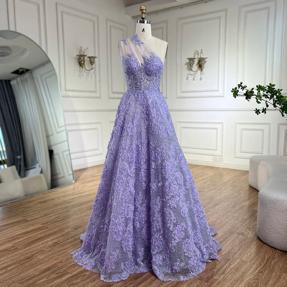 Vestido de fiesta de lujo con apliques de encaje, corte asimétrico, un solo hombro, color lila árabe, modelo LA72619 (2025) 