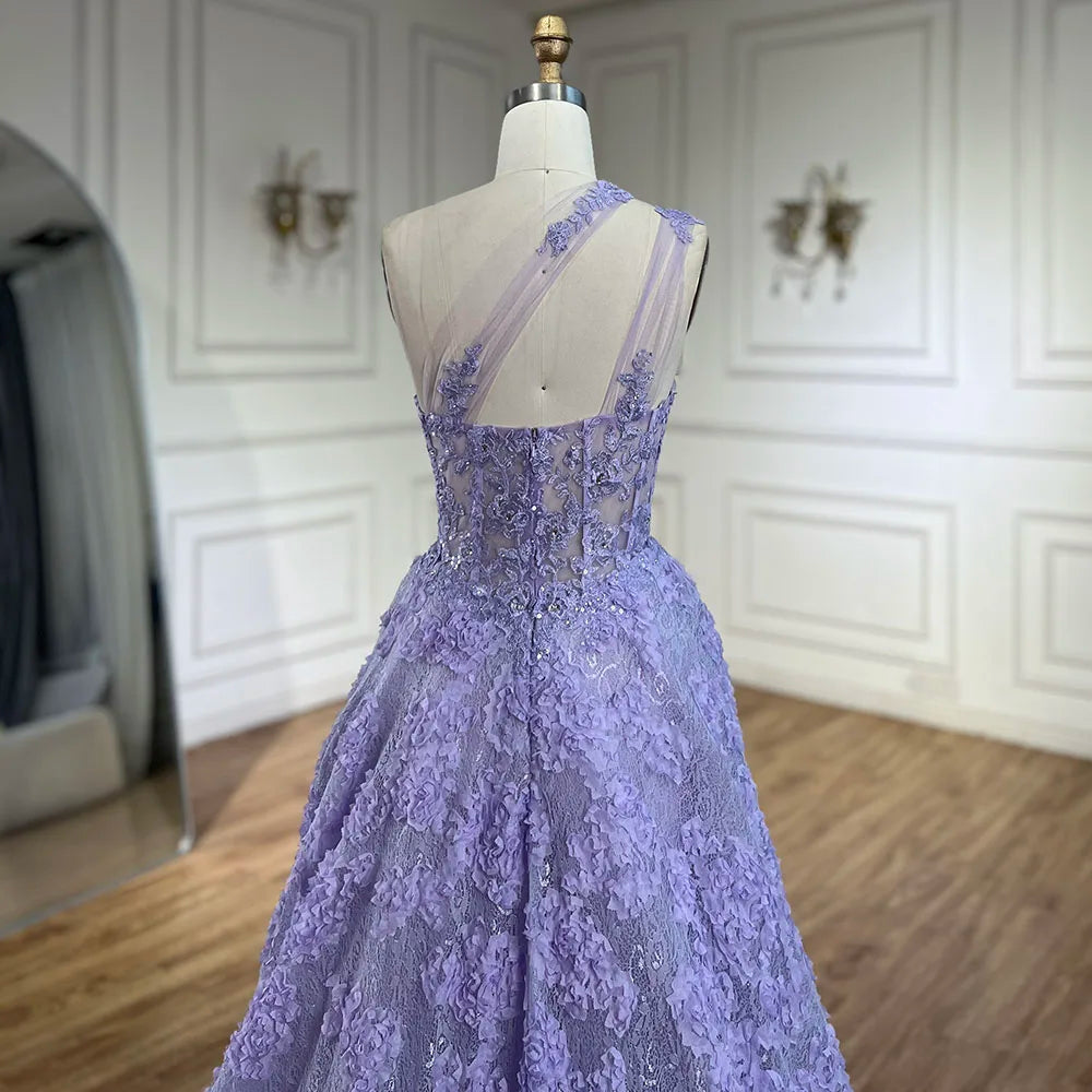 Vestido de fiesta de lujo con apliques de encaje, corte asimétrico, un solo hombro, color lila árabe, modelo LA72619 (2025) 