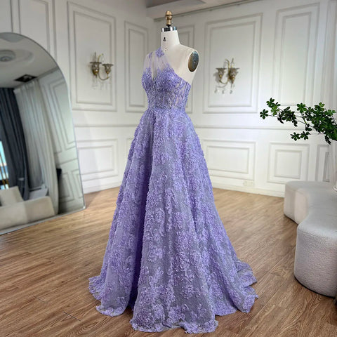 Robe de bal de luxe style trapèze lilas, asymétrique, avec appliques en dentelle, pour une occasion formelle, LA72619, 2025 