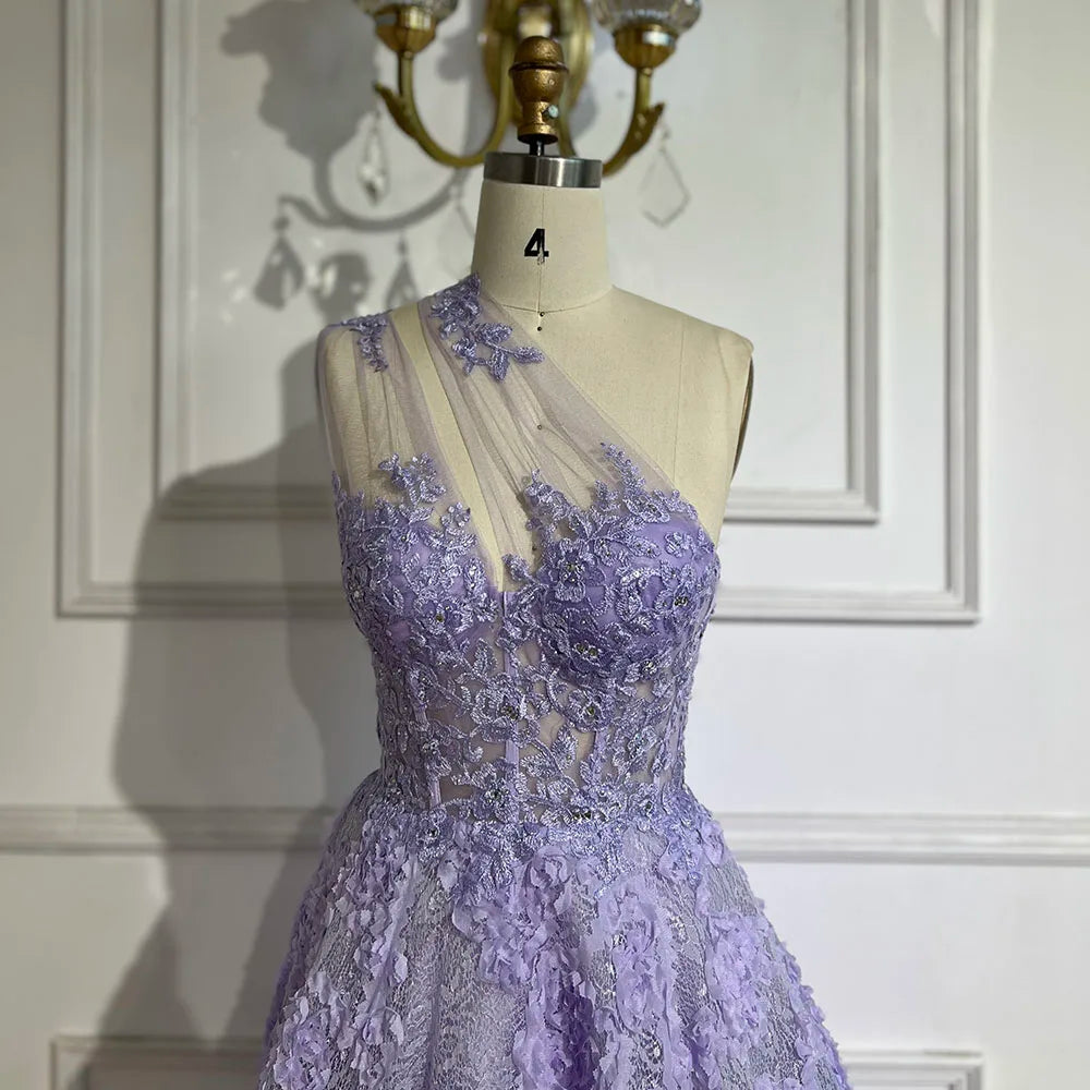 Vestido de fiesta de lujo con apliques de encaje, corte asimétrico, un solo hombro, color lila árabe, modelo LA72619 (2025) 