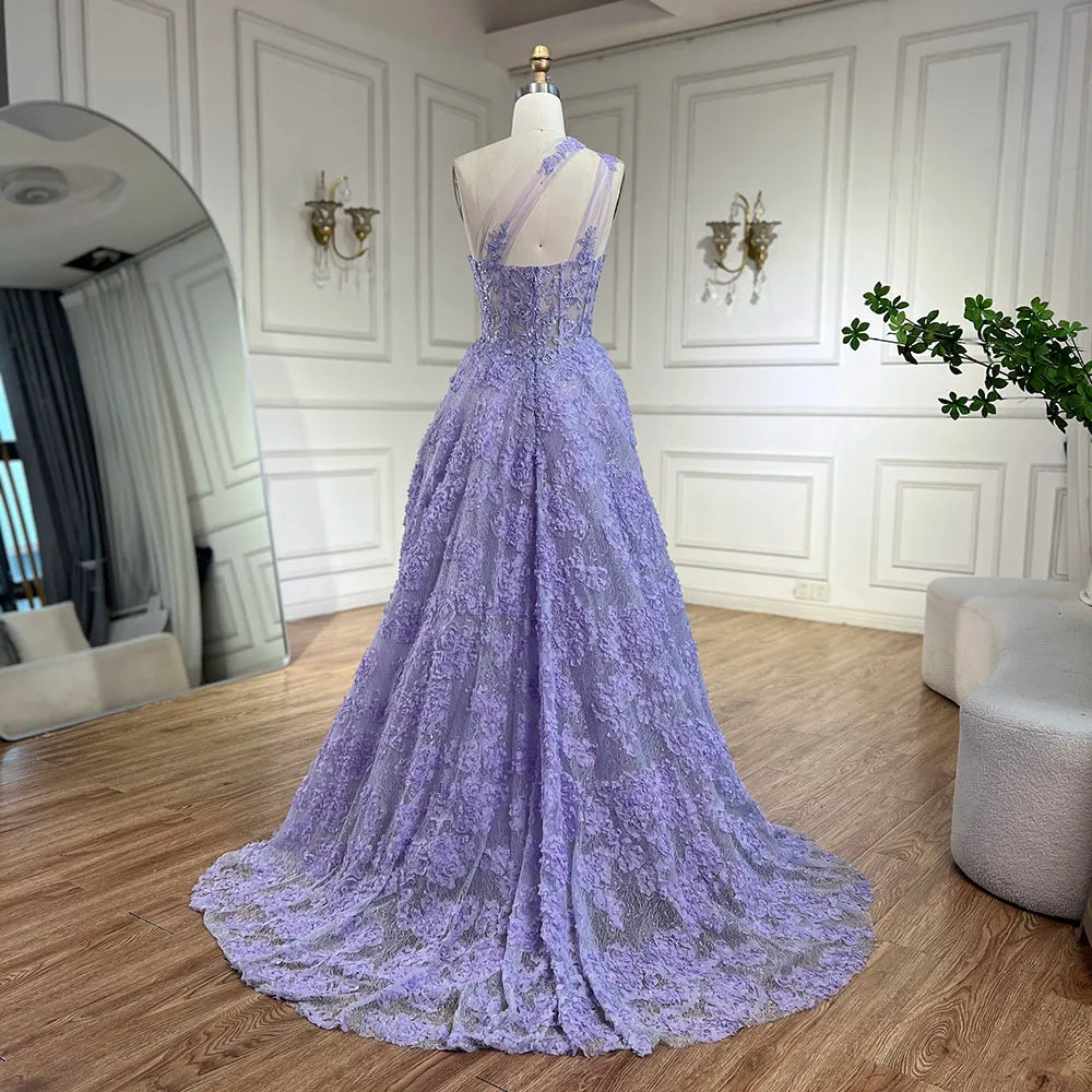 Vestido de fiesta de lujo con apliques de encaje, corte asimétrico, un solo hombro, color lila árabe, modelo LA72619 (2025) 