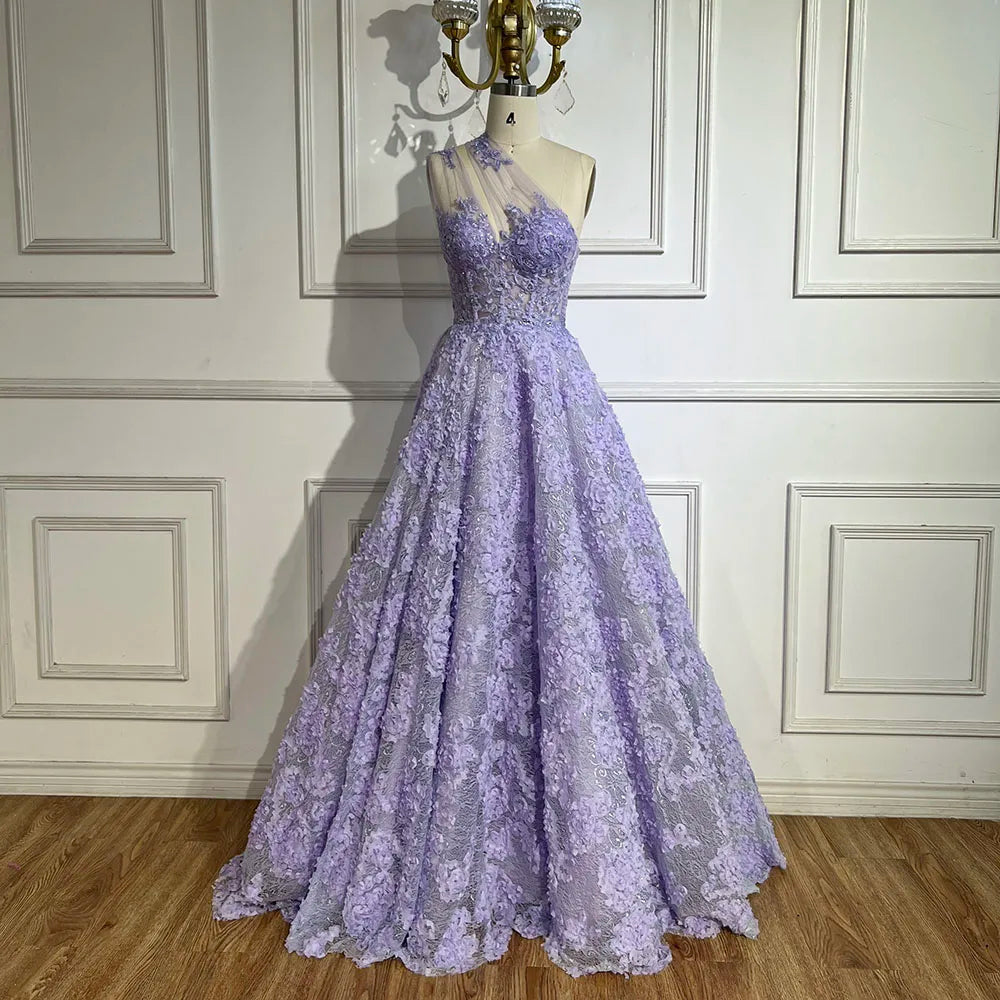 Vestido de fiesta de lujo con apliques de encaje, corte asimétrico, un solo hombro, color lila árabe, modelo LA72619 (2025) 
