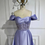 Vestido largo de noche de satén lila árabe 2025 con sobrefalda - Elegante vestido de fiesta con cuentas para bodas de mujer LA72359 