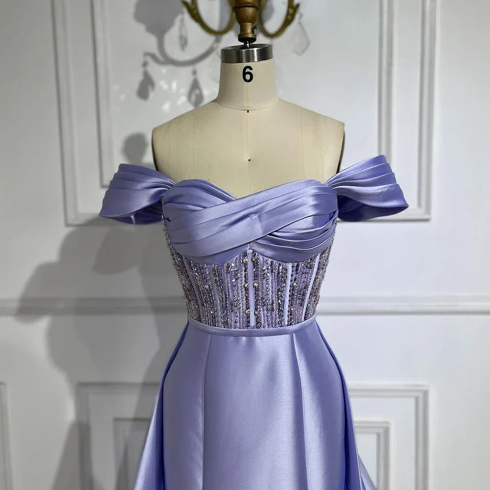 Vestido largo de noche de satén lila árabe 2025 con sobrefalda - Elegante vestido de fiesta con cuentas para bodas de mujer LA72359 